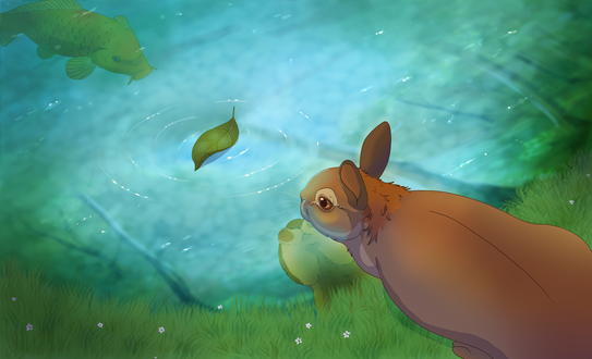 Обои на рабочий стол Зайчик у воды с сомом, by The-Hare