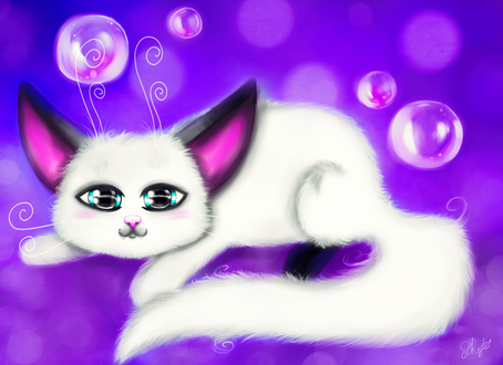 Обои на рабочий стол Белая кошечка на фоне мыльных пузырей, by DamaskRose0503