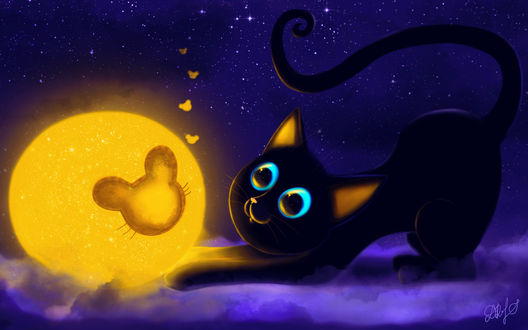 Обои на рабочий стол Черный кот на фоне ночного неба с желтым шаром, by DamaskRose0503