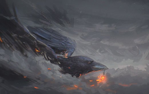 Обои на рабочий стол Девушка верхом на вороне, у которого в клюве фонарь, в облаках, by Sylar113