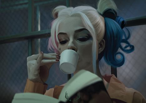 Обои на рабочий стол Harley Quinn / Харли Квинн c чашкой и книгой в руке, by Marta G. Villena