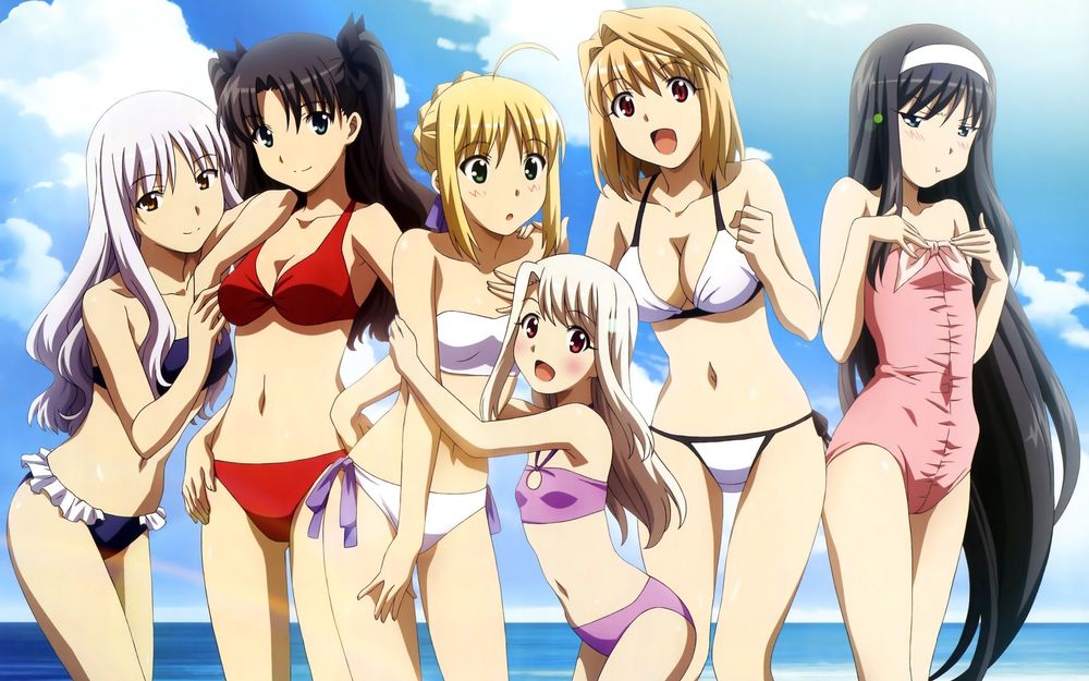 Обои для рабочего стола Персонажи аниме Карнавальный Фантазм / Carnival Phantasm в купальниках и бикини на пляже: Карен Ортензия / Карэн Гортензия / Caren Hortensia / Karen Ortensia, Рин Тосака / Tohsaka Rin, Сэйбер / Сейбер / Saber, Иллиясфиль фон Айнцберн / Илиясвиль / Илия / Иллия / Illyasviel von Einzbern, Арквейд Брюнстад / Arcueid Brunestud и Акиха Тоно / Tohno Akiha