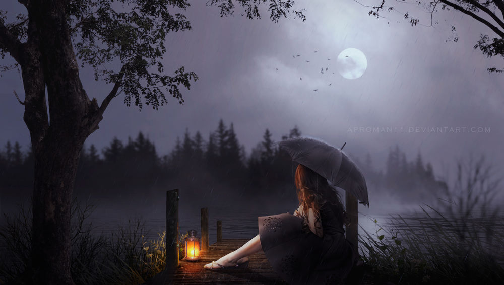 Обои для рабочего стола Девушка под зонтом сидит перед горящим фонарем на мостике под ночным небом с луной, by aproman11