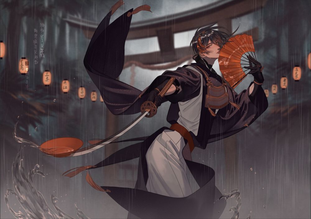 Обои для рабочего стола Munechika Mikazuki танцует с веером под дождем на фоне фонарей и ворот Торий из игры Touken Ranbu / Танец Мечей
