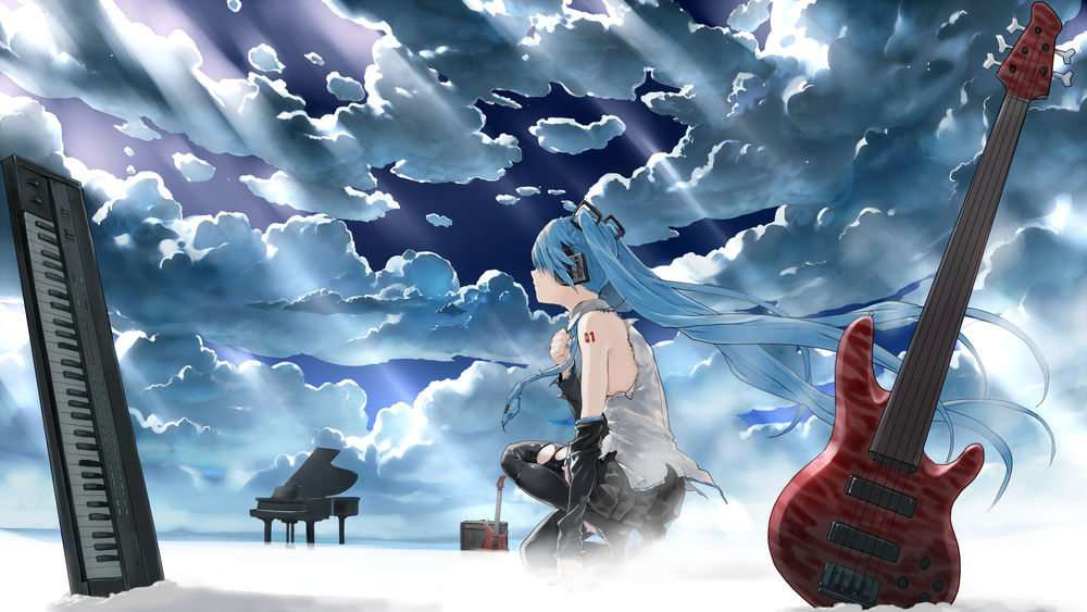 Обои для рабочего стола Vocaloid Hatsune Miku / Вокалоид Хатсуне Мику сидит в рваной одежде на корточках на снегу на фоне облачного неба, вокруг музыкальные инструменты, by Bob Biyonbiyon