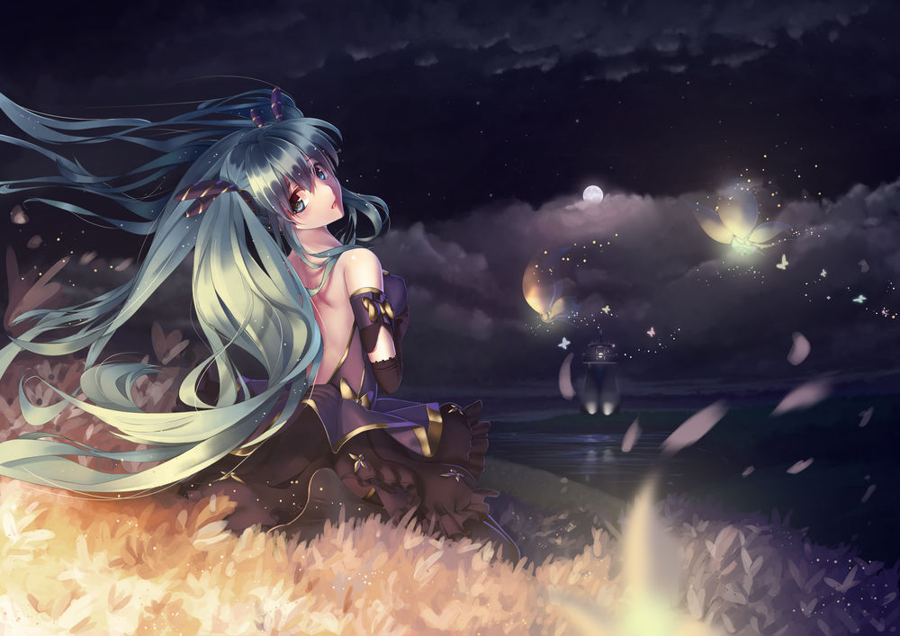 Обои для рабочего стола Vocaloid Hatsune Miku / Вокалоид Хатсуне Мику сидит на берегу реки на фоне ночного неба, вокруг музыкальные инструменты, by Nishiro Ryoujin