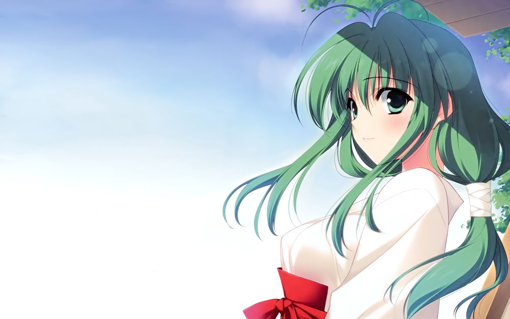 Обои для рабочего стола Мидори Шики / Shiki Midori из манги R. G. B! в одежде храмовой жрицы на фоне синего неба