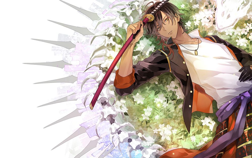 Обои для рабочего стола Ookurikara с катаной лежит на цветочной поляне из игры Touken Ranbu / Танец мечей