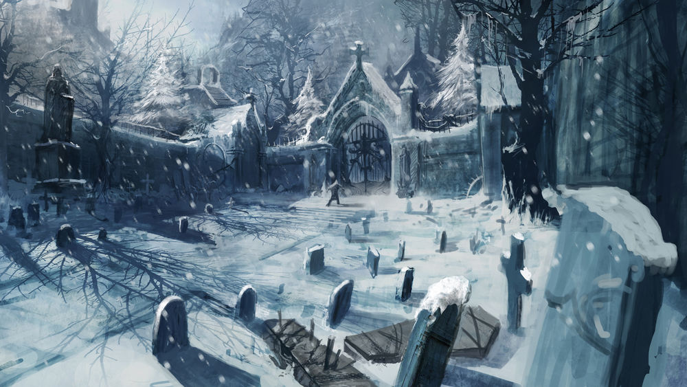 Обои для рабочего стола Кладбище зимой и человек возле ворот из игры Witcher / Ведьмак