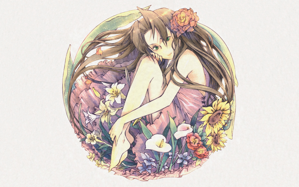 Обои для рабочего стола Айрис Гейнсборо / Аэрис / Aerith Gainsborough / Aeris из видеоигры Последняя фантазия 7 / Final Fantasy VII, на фоне цветов, автор оригинала C7zhou