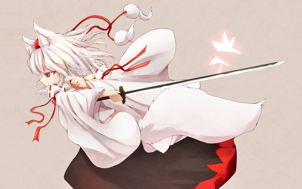 Обои для рабочего стола Inubashiri Momiji / Инубашири Момиджи атакует с катаной, из игры Touhou Project / Проект Восток, by Denak