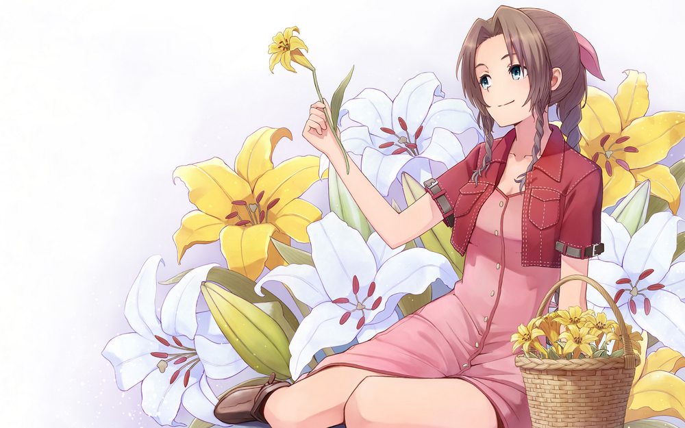 Обои для рабочего стола Айрис Гейнсборо / Аэрис / Aerith Gainsborough / Aeris из видеоигры Последняя фантазия 7 / Final Fantasy VII, сидит на фоне лилий, автор оригинала Yahiro