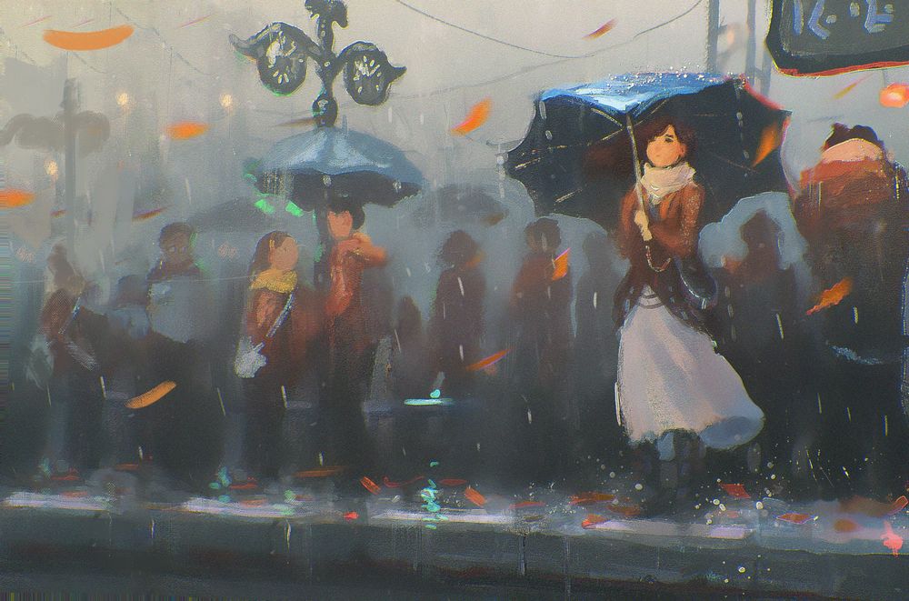 Обои для рабочего стола Девушка с зонтом и люди стоят у дороги под дождем, by Sylar113