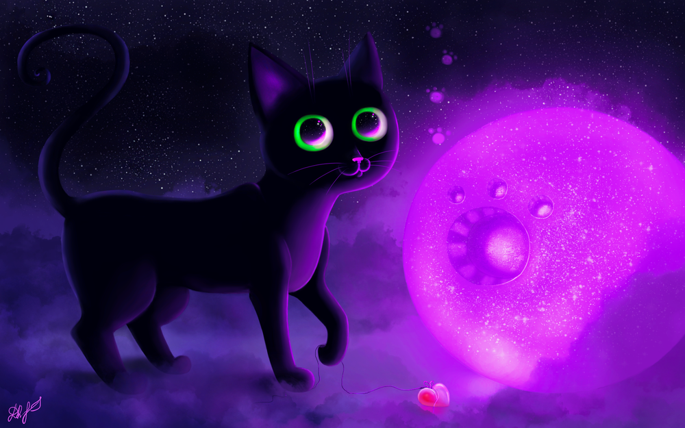 Обои для рабочего стола Черный кот на фоне ночного неба и фиолетового шара, by DamaskRose0503
