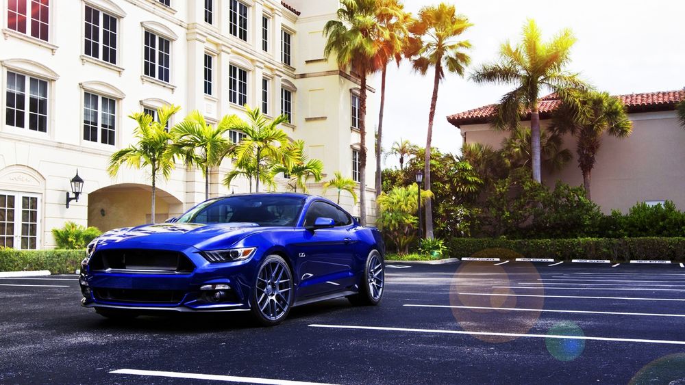 Обои для рабочего стола Синий ford mustang на парковке у здания