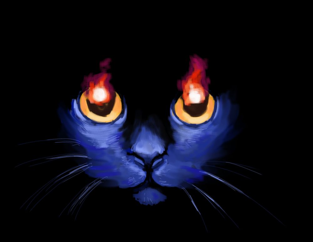 Обои для рабочего стола Мордочка кота с огненными глазами на темном фоне, by nienor