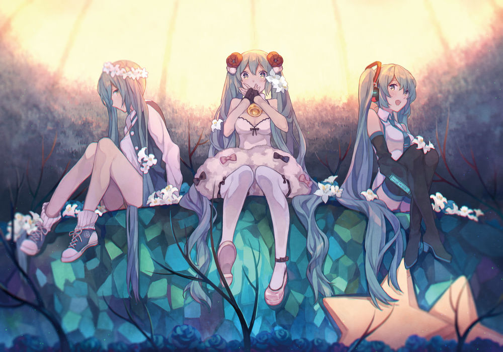 Обои для рабочего стола Vocaloid Hatsune Miku / Вокалоид Хатсуне Мику в тех образах сидит по ярким куполом