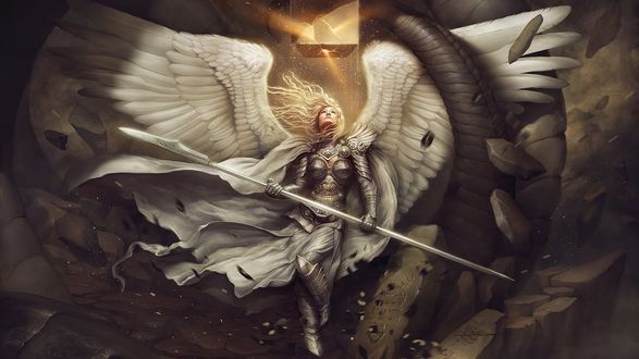 Обои на рабочий стол Валькирия, девушка - ангел с копьем в руках, by yigitkoroglu