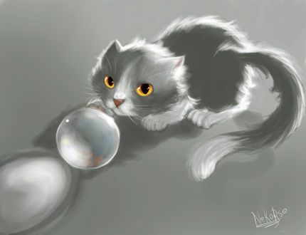 Обои на рабочий стол Серый кот на фоне мыльных пузырей, by Nekorse