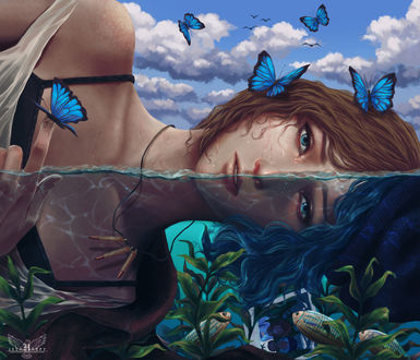 Обои на рабочий стол Chloe Price / Хлоя Прайс с бабочками на голове и теле лежит в воде с рыбками из игры Life is strange / Жизнь странная, by Hazelharpy
