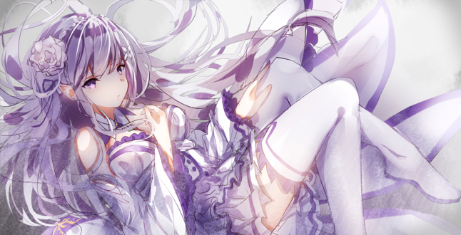 Обои на рабочий стол Эмилия / Emilia из аниме Re: Жизнь в альтернативном мире с нуля / Re: Zero kara Hajimeru Isekai Seikatsu, автор Cleavage