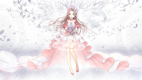 Обои на рабочий стол Айрис Гейнсборо / Аэрис / Aerith Gainsborough / Aeris из видеоигры Последняя фантазия 7 / Final Fantasy VII, с букетом цветов в шикарном платье на фоне бабочек, автор Kieta