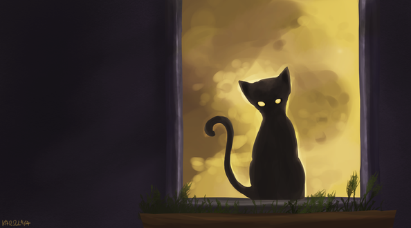 Обои на рабочий стол Черный кот на пороге, by Knaree