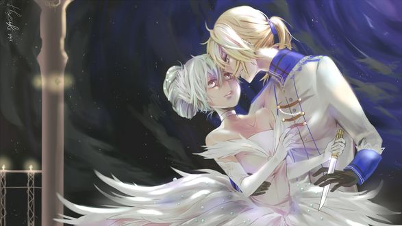 Обои на рабочий стол Вокалоиды / Vocaloid Лен Кагамине / Len Kagamine обнимает Хатсунэ Мику / Hatsune Miku, на фоне ночного неба, by xxHazukiixx
