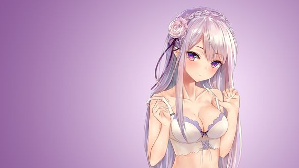 Обои на рабочий стол Эмилия / Emilia из аниме Re: Жизнь в альтернативном мире с нуля / Re: Zero kara Hajimeru Isekai Seikatsu, примеряет бюстгальтер