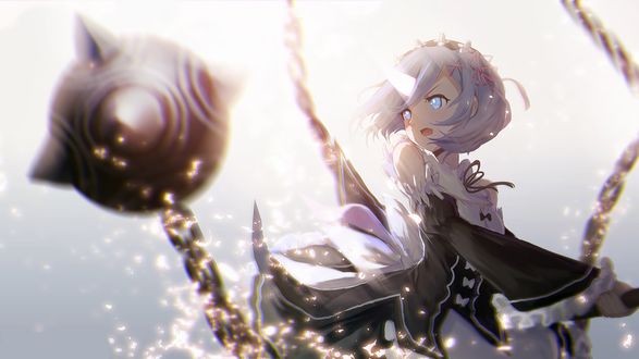 Обои на рабочий стол Рэм / Ram из аниме Re: Жизнь в альтернативном мире с нуля / Re: Zero kara Hajimeru Isekai Seikatsu, атакует моргенштерном