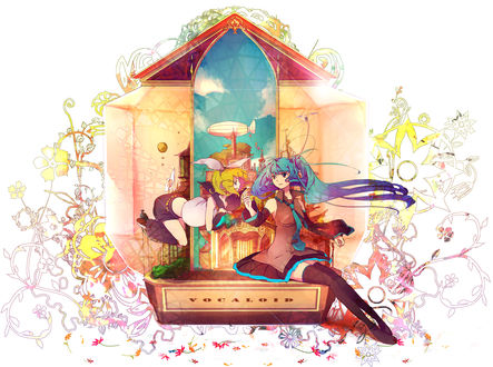 Обои на рабочий стол Вокалоиды / Vocaloid Рин Кагамине / Rin Kagamine и Хатсунэ Мику / Hatsune Miku, на фоне неба с дирижаблем