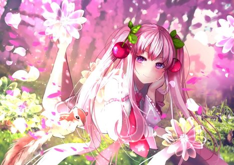 Обои на рабочий стол Vocaloid Hatsune Miku (Sakura Miku) / Вокалоид Хатсунэ Мику (Сакура Мику) с бурундуком в сказочном лесу