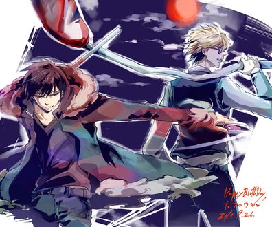 Обои на рабочий стол Orihara Izaya / Орихара Изая и Heiwajima Shizuo / Хэйваджима Шизуо на фоне ночного неба из аниме Durarara / DRRR / Дюрарара / Всадник без головы