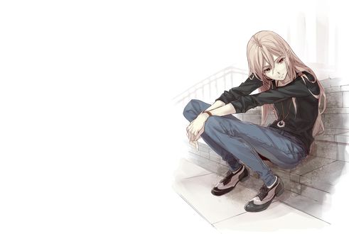 Обои на рабочий стол Gai Tsutsugami / Гай Цуцугами сидит на ступеньках, персонаж из аниме Guilty Crown / Корона грешника
