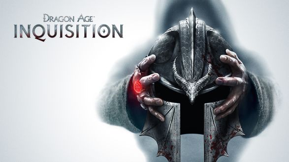 Обои на рабочий стол Руки держат шлем в крови, из игры Dragon Age: Inquisition