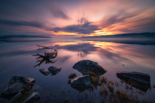 Обои на рабочий стол Закат на Tyrifjorden, Norway / Тирифьордене, Норвегия, фотограф Ole Henrik Skjelstad