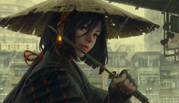Обои на рабочий стол Девушка в шляпе с мечом в руке, by GUWEIZ