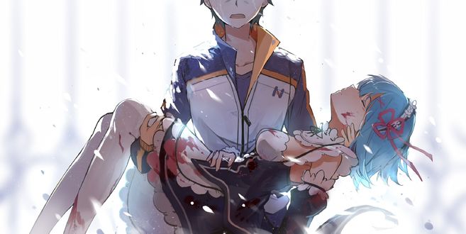 Обои на рабочий стол Раненная Rem / Рем и Natsuki Subaru / Натсуки Субару из аниме Re: Жизнь в альтернативном мире с нуля / Re:Zero kara Hajimeru Isekai Seikatsu
