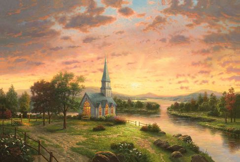 Обои на рабочий стол Церковь на берегу реки под закатным небом, by Thomas Kinkade