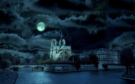 Обои на рабочий стол Собор Парижской богоматери / Париж, Франция / Paris, France и река Сена ночью под луной