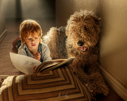 Обои на рабочий стол Мальчик с книгой рядом с собакой, фотограф Adrian C. Murray
