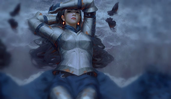 Обои на рабочий стол Девушка лежит рядом с воронами, by GUWEIZ
