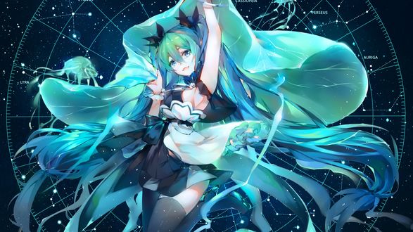 Обои на рабочий стол Vocaloid Hatsune Miku / Вокалоид Хатсуне Мику с длинными волосами на фоне ночного неба с картой созвездий