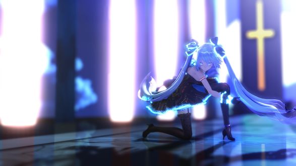 Обои на рабочий стол Vocaloid Hatsune Miku / Вокалоид Хатсуне Мику стоит на одном колене в большом пустом зале