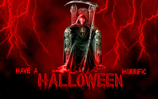 Обои на рабочий стол Смерть на троне в свете молний, Have a horrific Halloween / Жуткого Хеллоуина