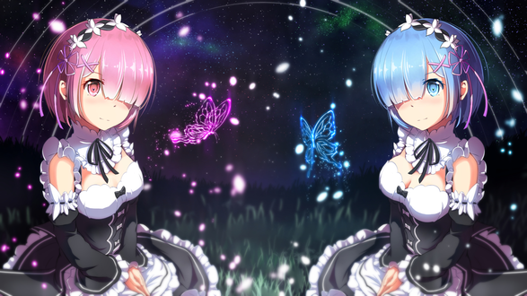 Обои на рабочий стол Rem / Рем и Ram / Рам из аниме Re: Zero kara Hajimeru Isekai Seikatsu / Re: Жизнь с нуля в параллельном мире, by AIGHIX