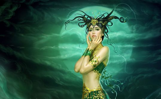 Обои на рабочий стол Красивая девушка с необычной прической стоит на фоне сумрачного лунного неба, by Tang Yuehui