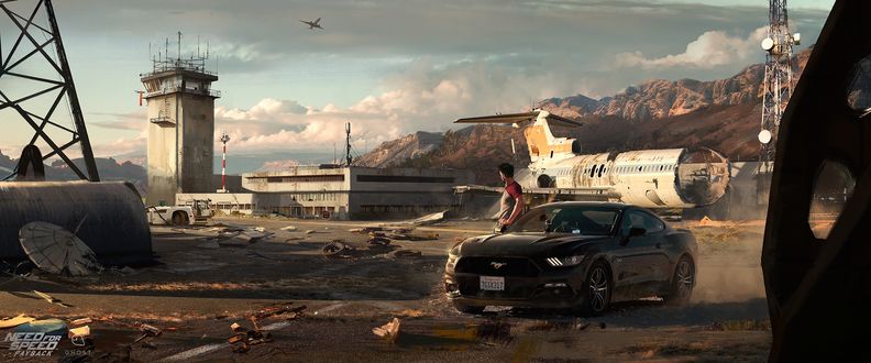 Обои на рабочий стол Ford Mustang с водителем на фоне старого здания и разрушенного самолета из игры Need For Speed