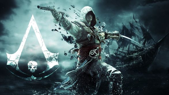 Обои на рабочий стол Эдварт Кенуэй из игры Assassins Creed Black Flag / Черный флаг, с кинжалом и пистолетом в обеих руках на фоне моря и корабля