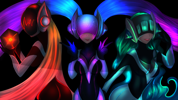 Обои на рабочий стол Диджей Сона / Dj Sona - Maven of the Strings, DJ Sona Ethereal / Эфирная Диджей Сона и DJ Sona Kinetic / Кинетическая Диджей Сона из игры Лига Легенд / League of Legends, by Luxianne
